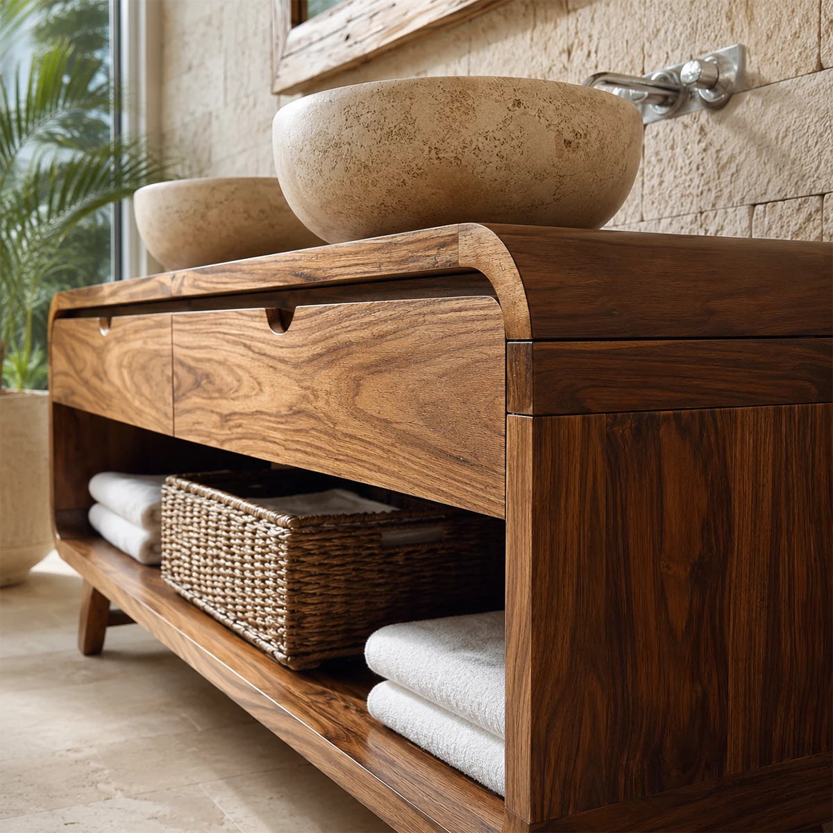 Traditional Bathroom Vanity with Curved Drawers in Natural Solid Wood - Elitegemse - 1