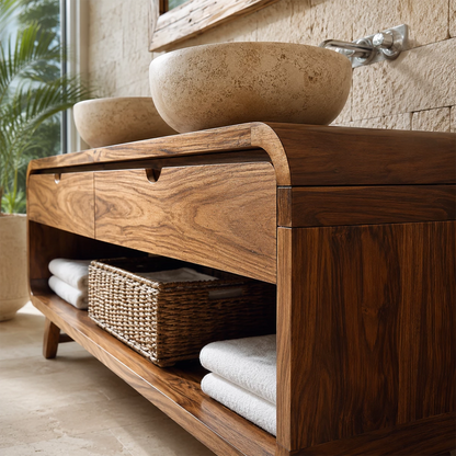 Traditional Bathroom Vanity with Curved Drawers in Natural Solid Wood - Elitegemse - 1