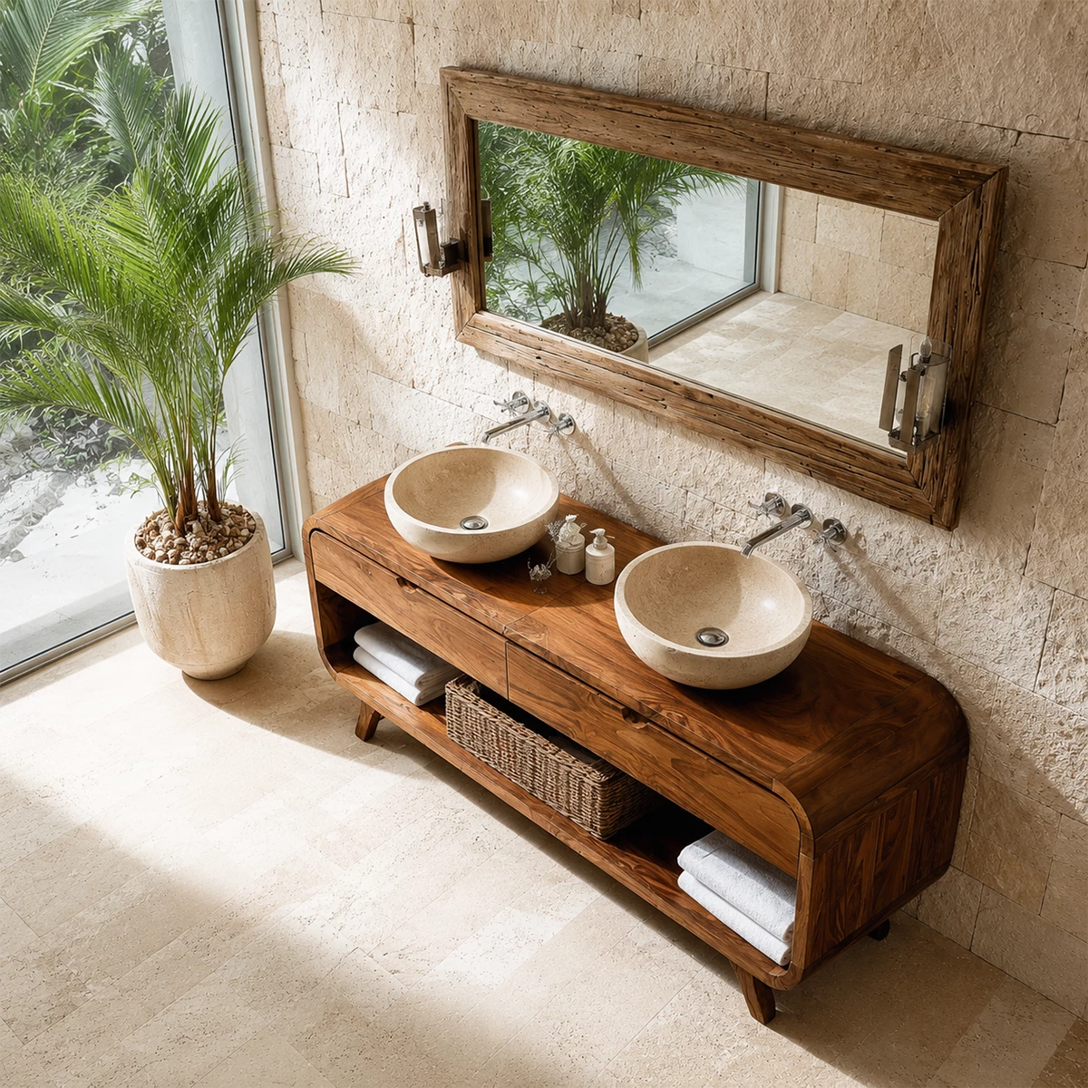 Traditional Bathroom Vanity with Curved Drawers in Natural Solid Wood - Elitegemse - 2