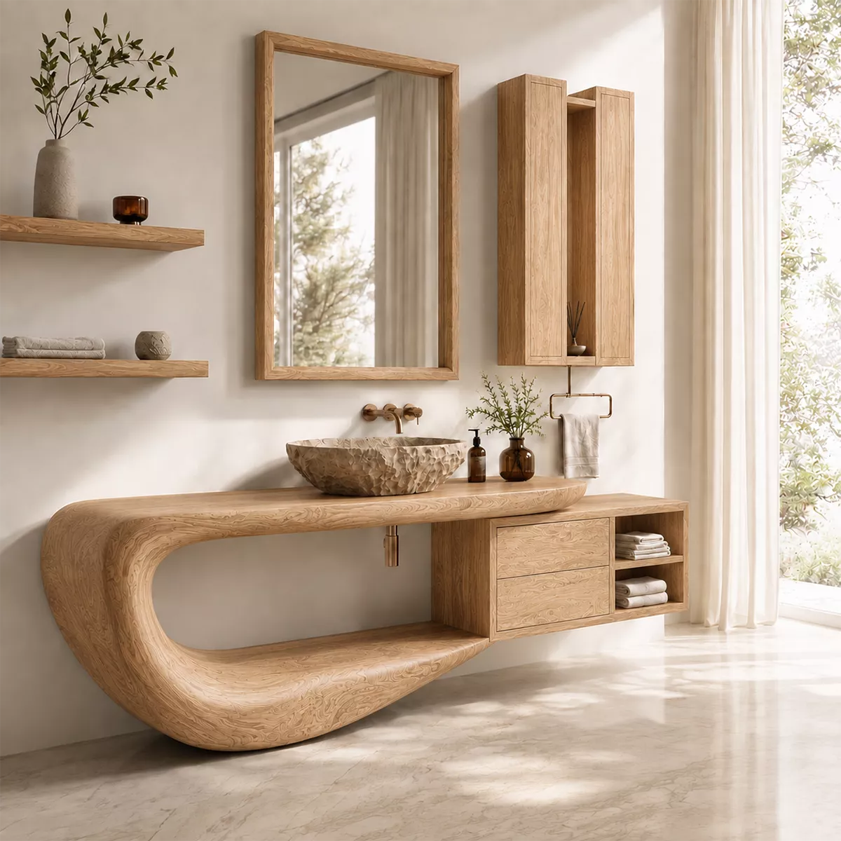 Traditional Bathroom Vanity with Sculptural Curved Form in Natural Solid Wood - Elitegemse - 10