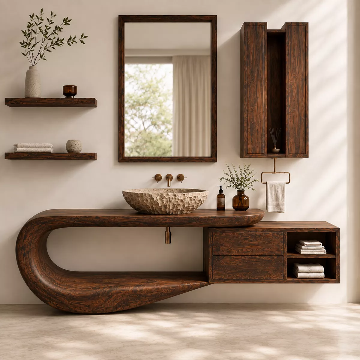Traditional Bathroom Vanity with Sculptural Curved Form in Natural Solid Wood - Elitegemse - 4