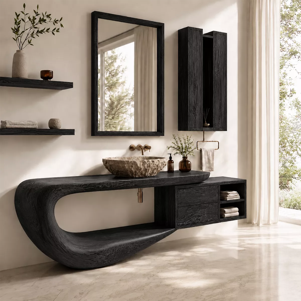 Traditional Bathroom Vanity with Sculptural Curved Form in Natural Solid Wood - Elitegemse - 8