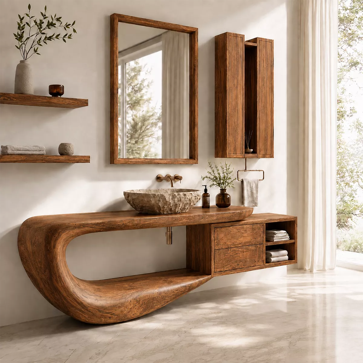 Traditional Bathroom Vanity with Sculptural Curved Form in Natural Solid Wood - Elitegemse - 9