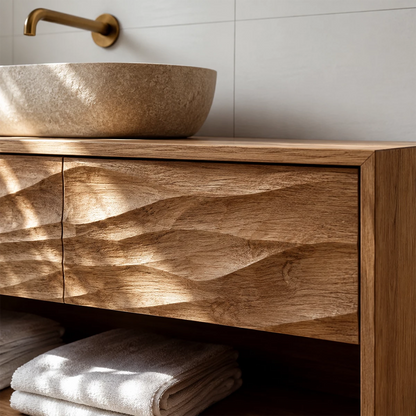 Traditional Bathroom Vanity with Sculptural Wave Drawers and Open Shelf - Elitegemse - 1
