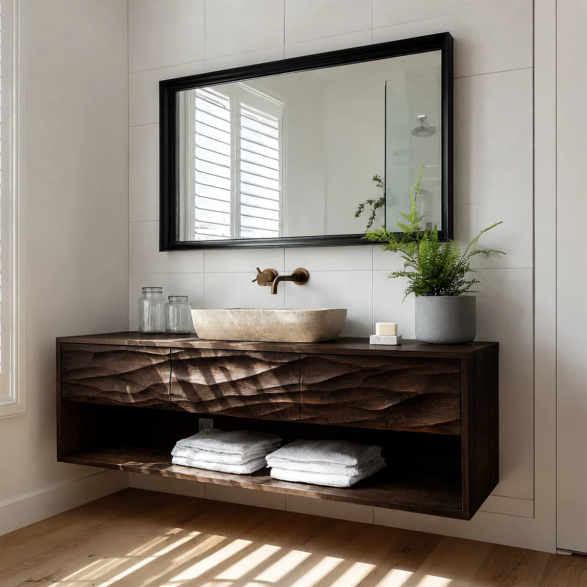 Traditional Bathroom Vanity with Sculptural Wave Drawers and Open Shelf - Elitegemse - 10