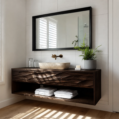Traditional Bathroom Vanity with Sculptural Wave Drawers and Open Shelf - Elitegemse - 10