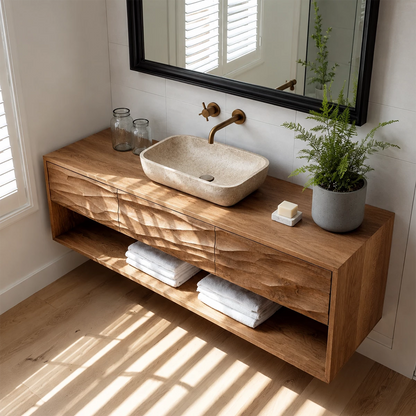 Traditional Bathroom Vanity with Sculptural Wave Drawers and Open Shelf - Elitegemse - 2