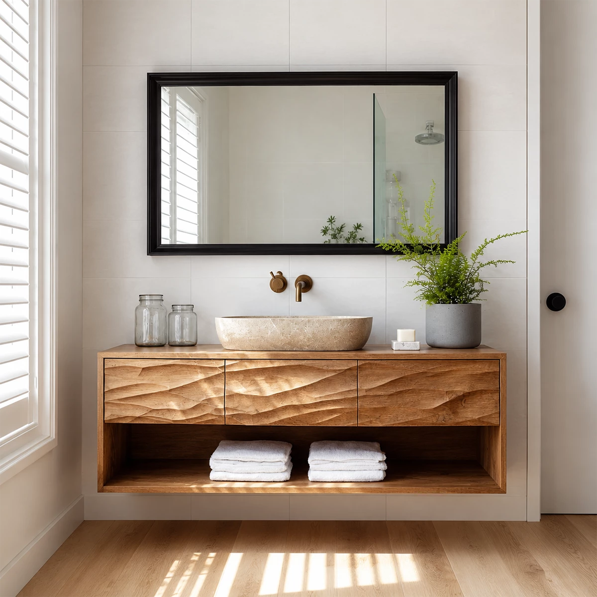 Traditional Bathroom Vanity with Sculptural Wave Drawers and Open Shelf - Elitegemse - 3