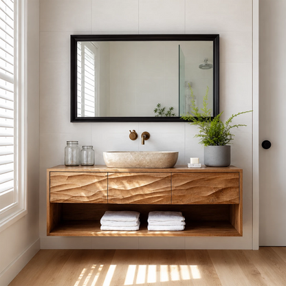 Traditional Bathroom Vanity with Sculptural Wave Drawers and Open Shelf - Elitegemse - 3