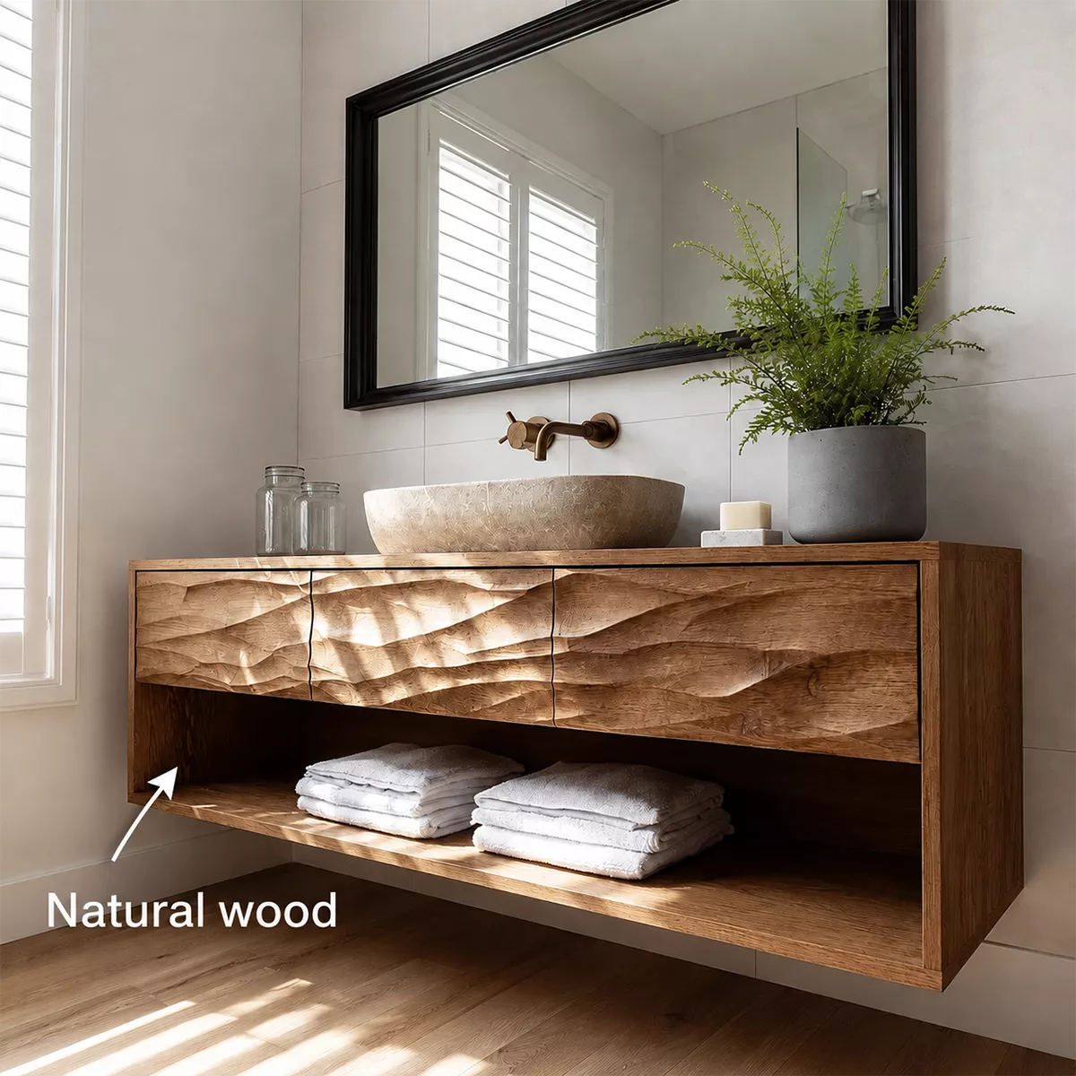 Traditional Bathroom Vanity with Sculptural Wave Drawers and Open Shelf - Elitegemse - 5
