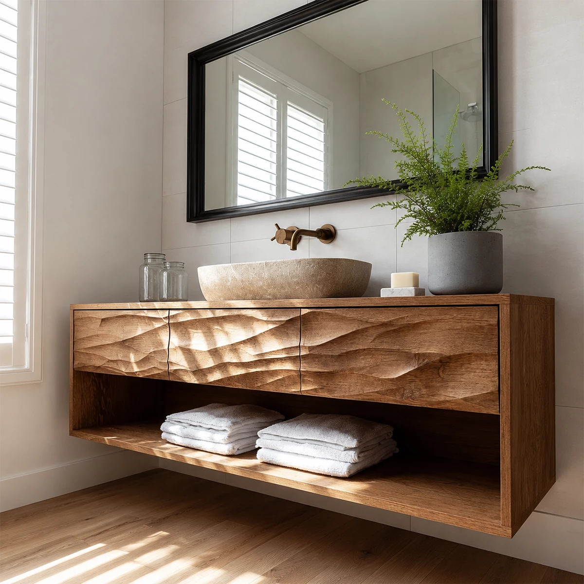 Traditional Bathroom Vanity with Sculptural Wave Drawers and Open Shelf - Elitegemse - 6