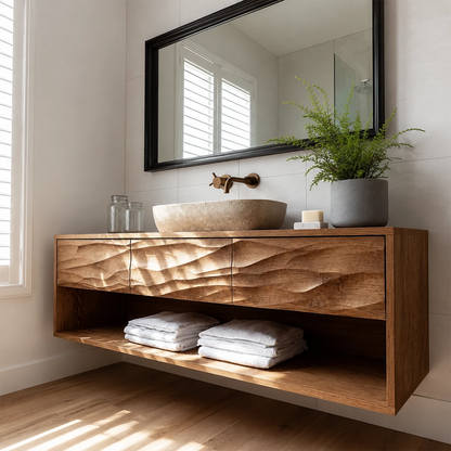 Traditional Bathroom Vanity with Sculptural Wave Drawers and Open Shelf - Elitegemse - 6