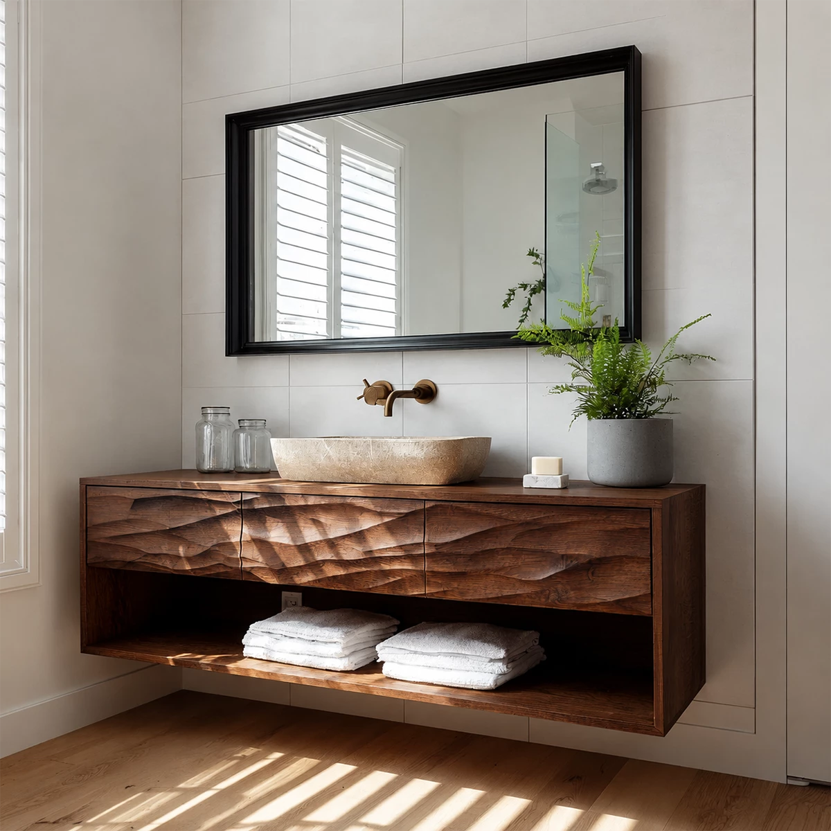 Traditional Bathroom Vanity with Sculptural Wave Drawers and Open Shelf - Elitegemse - 7
