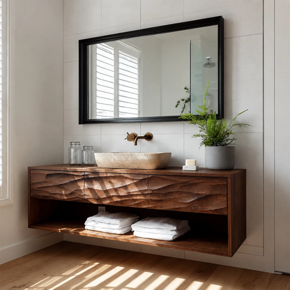 Traditional Bathroom Vanity with Sculptural Wave Drawers and Open Shelf - Elitegemse - 7