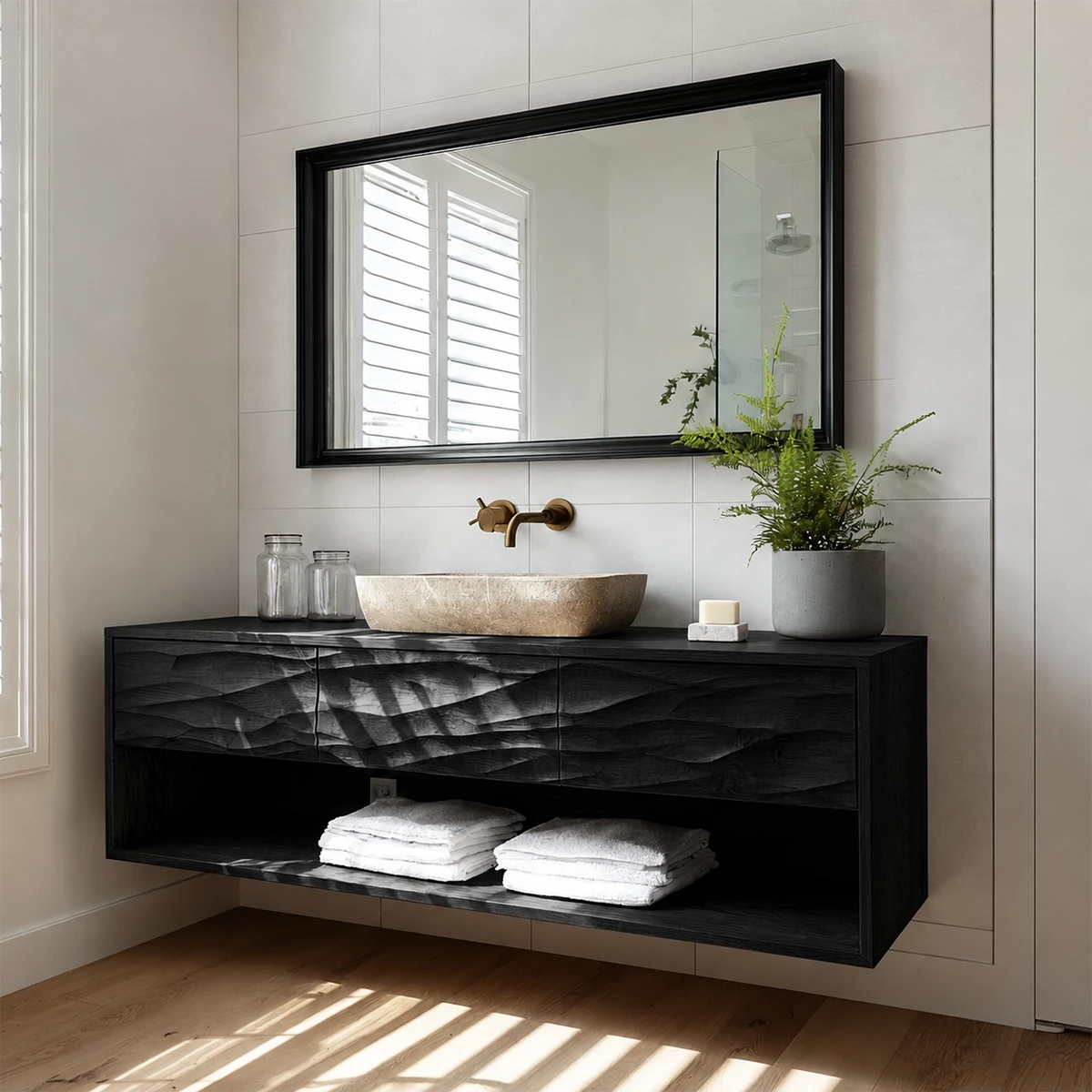 Traditional Bathroom Vanity with Sculptural Wave Drawers and Open Shelf - Elitegemse - 8