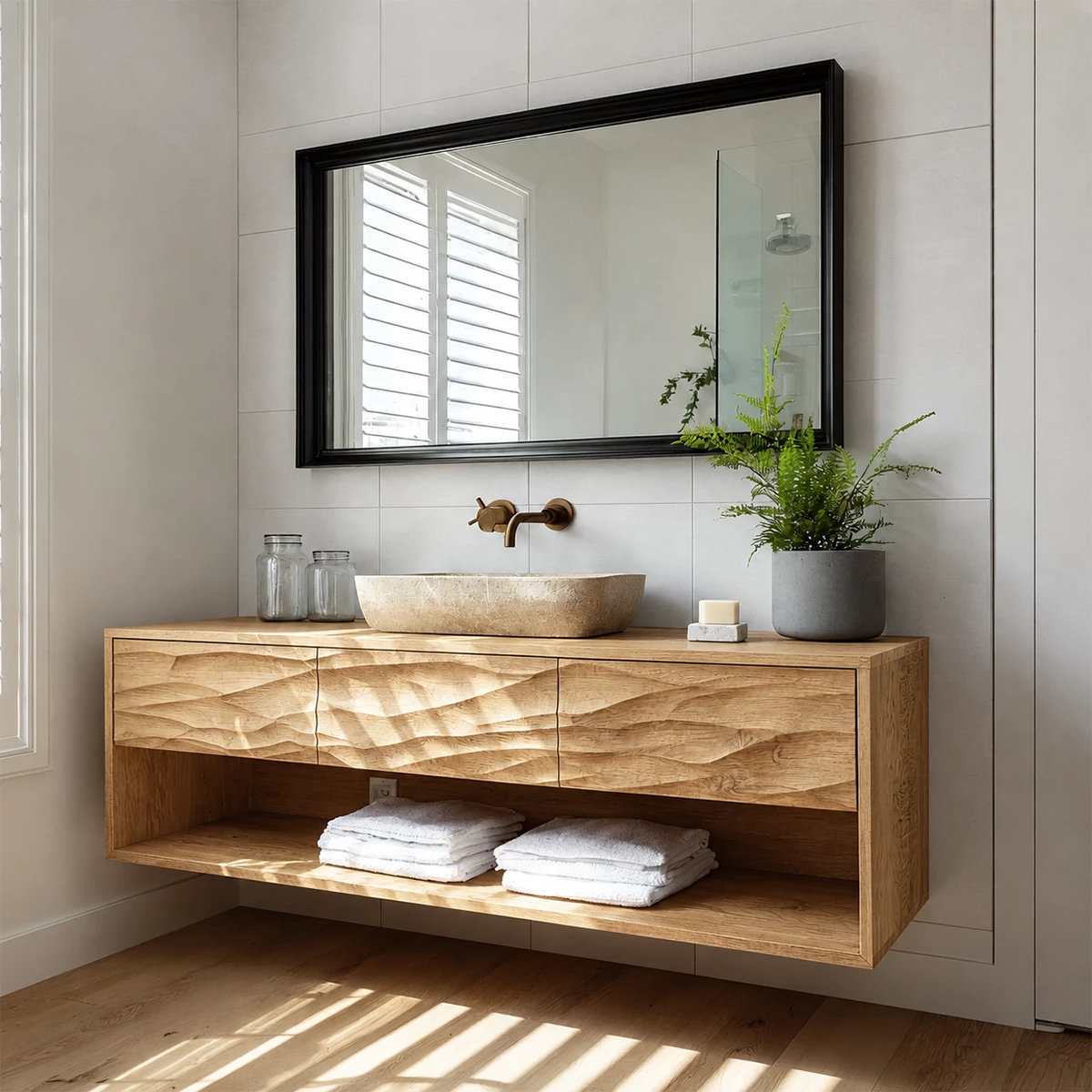 Traditional Bathroom Vanity with Sculptural Wave Drawers and Open Shelf - Elitegemse - 9
