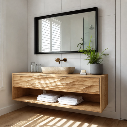 Traditional Bathroom Vanity with Sculptural Wave Drawers and Open Shelf - Elitegemse - 9