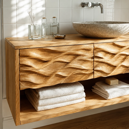 Traditional Bathroom Vanity with Sculptural Wave Drawers in Natural Solid Wood - Elitegemse - 1