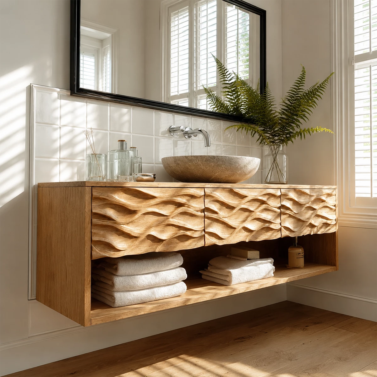 Traditional Bathroom Vanity with Sculptural Wave Drawers in Natural Solid Wood - Elitegemse - 2