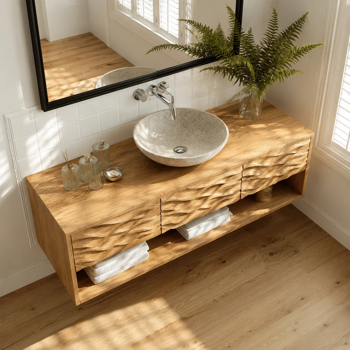 Traditional Bathroom Vanity with Sculptural Wave Drawers in Natural Solid Wood - Elitegemse - 3