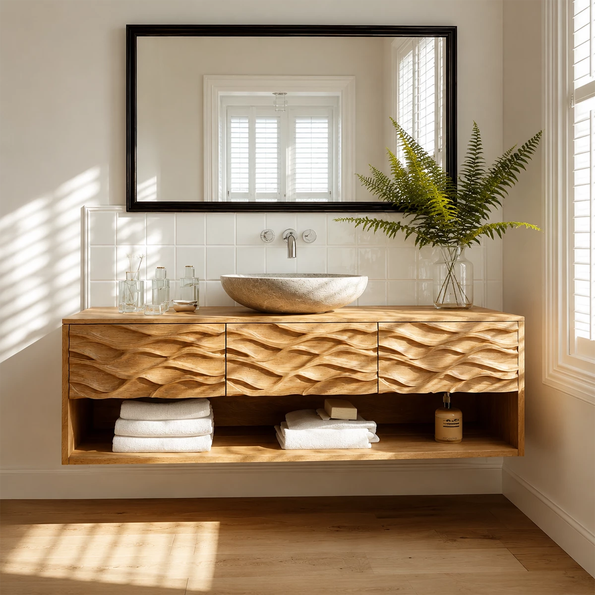 Traditional Bathroom Vanity with Sculptural Wave Drawers in Natural Solid Wood - Elitegemse - 4