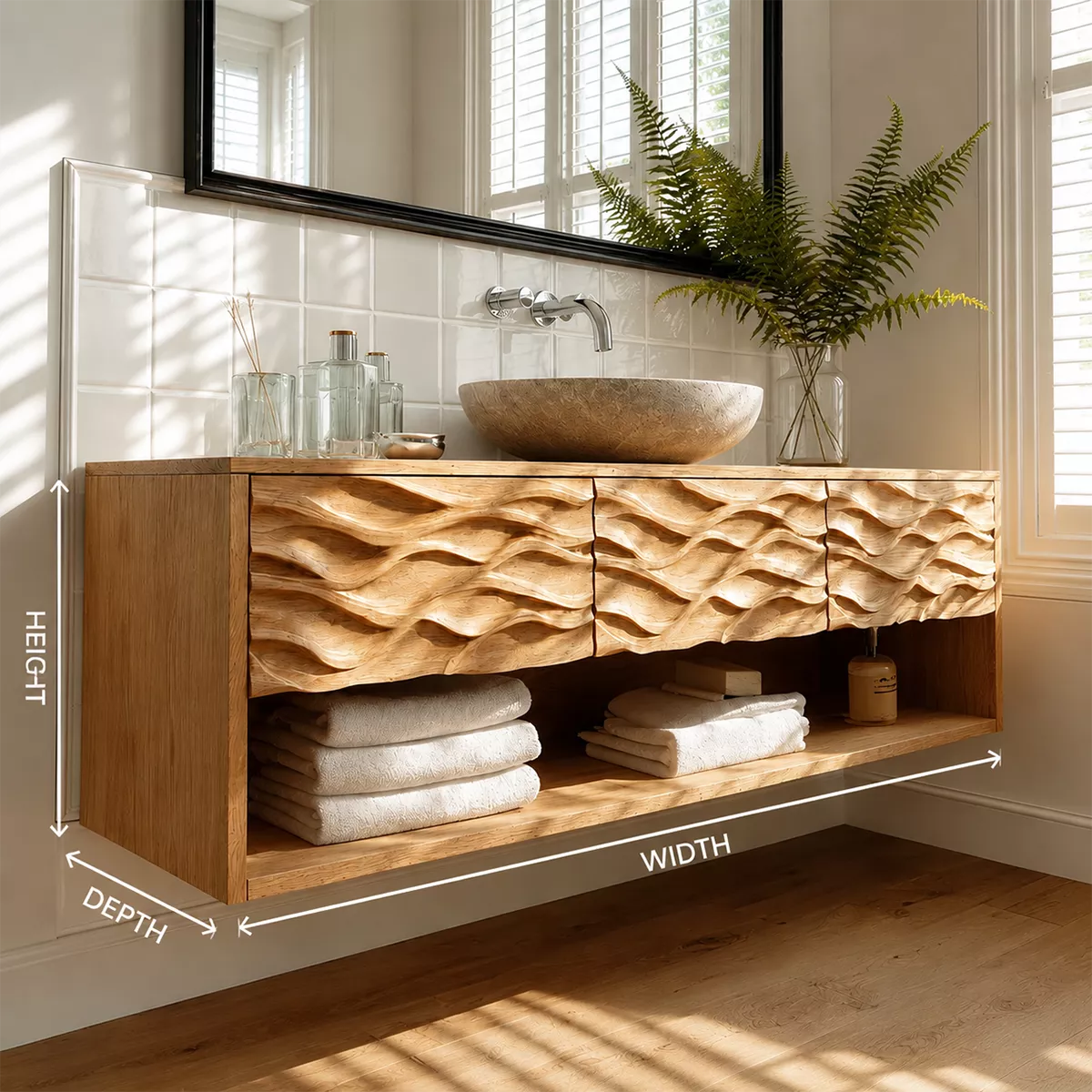 Traditional Bathroom Vanity with Sculptural Wave Drawers in Natural Solid Wood - Elitegemse - 5