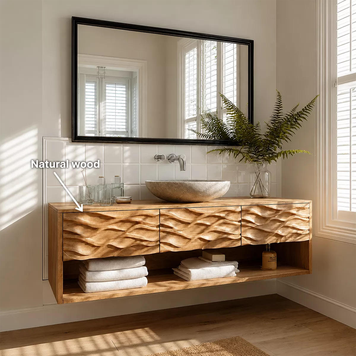 Traditional Bathroom Vanity with Sculptural Wave Drawers in Natural Solid Wood - Elitegemse - 6