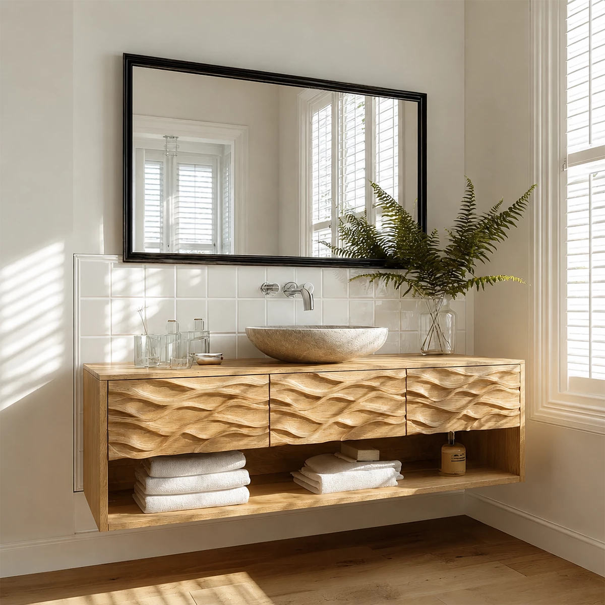 Traditional Bathroom Vanity with Sculptural Wave Drawers in Natural Solid Wood - Elitegemse - 7