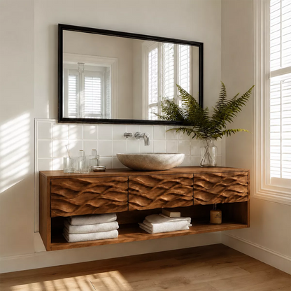 Traditional Bathroom Vanity with Sculptural Wave Drawers in Natural Solid Wood - Elitegemse - 9