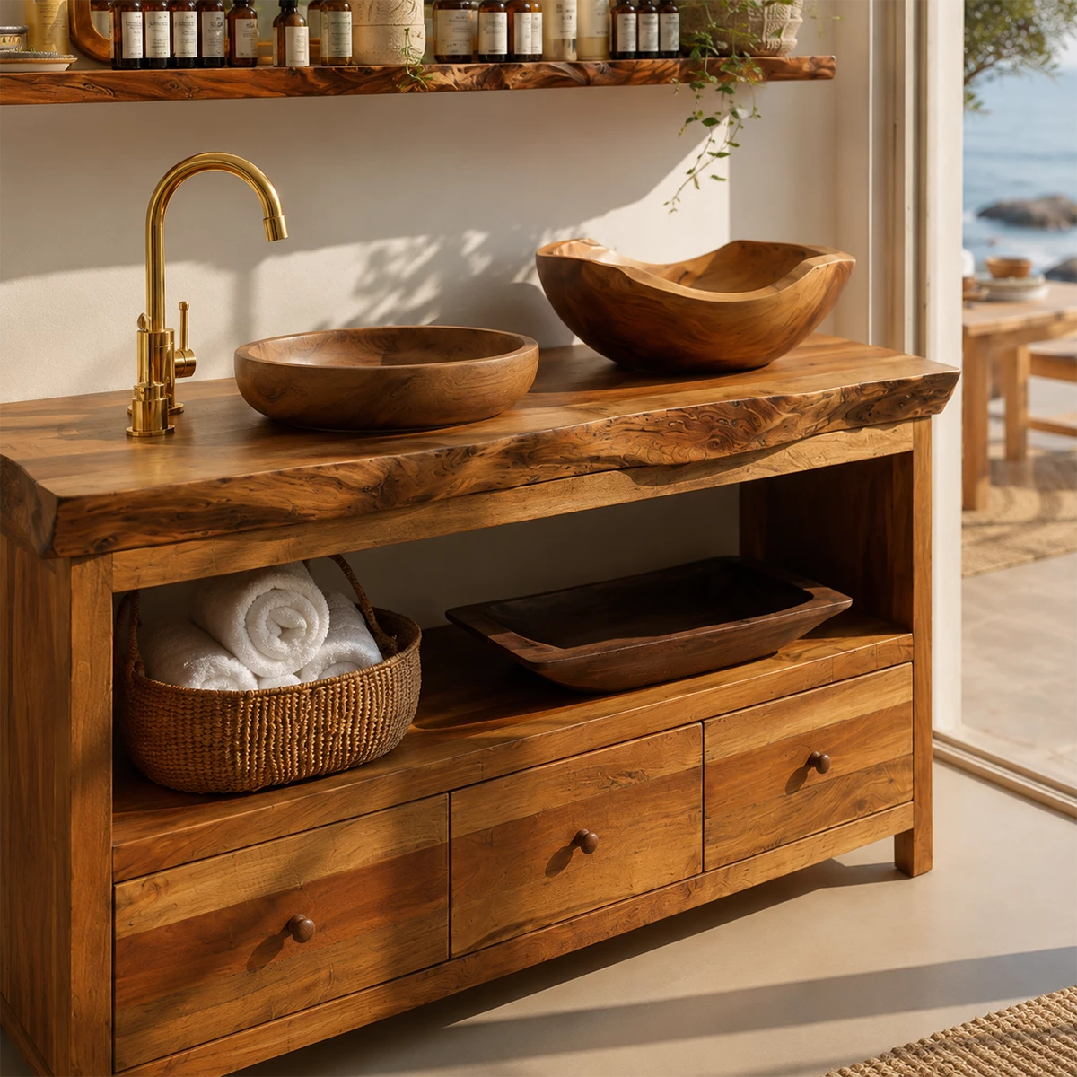 Traditional Bathroom Vanity with Three Drawers in Natural Solid Wood - Elitegemse - 1