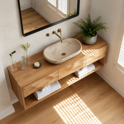 Traditional Bathroom Vanity with Three Drawers in Natural Solid Wood - Elitegemse - 2