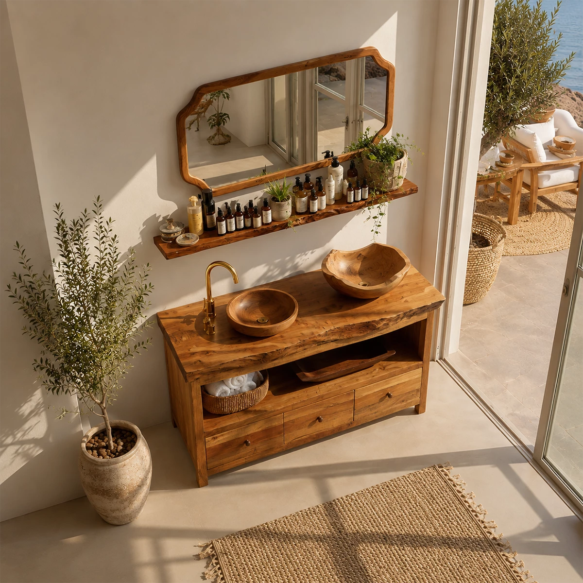 Traditional Bathroom Vanity with Three Drawers in Natural Solid Wood - Elitegemse - 2
