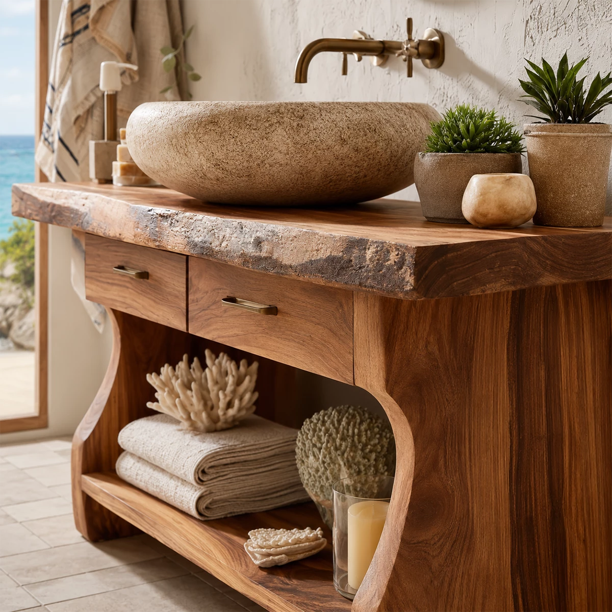 Traditional Bathroom Vanity with Two Drawers and Open Shelf Storage Nook - Elitegemse - 1